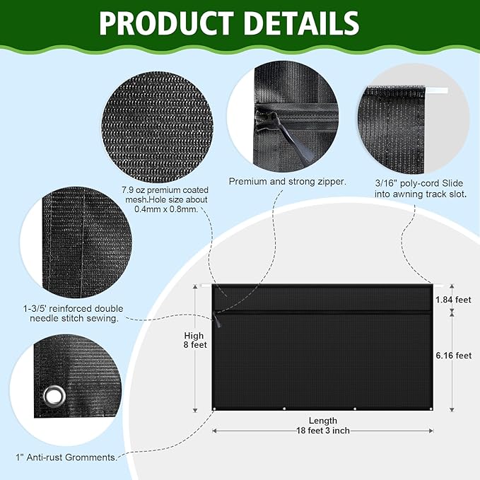 Dulepax RV Awning Shade Screen with Zipper 8'X18'3'' -Second Generation RV Awning Screen Significantly Improves Shadew and Privacy.Universal RV Awning Sun Shade Screen with Complete Kits