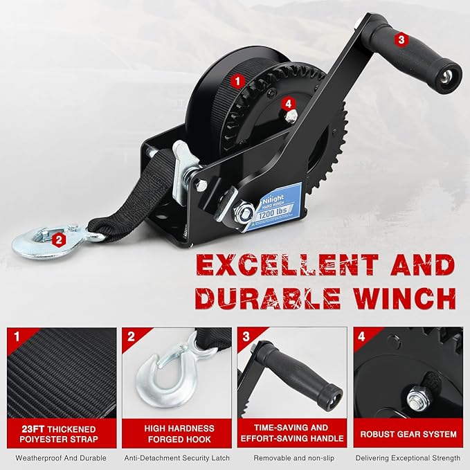 Nilight Boat Trailer Winch 1200 Lbs Hand Crank Winch Heavy Duty Boat Winches with 23Ft Strap Rope Hook 2-Way Ratchet 4:1 Gear Portable Marine Manual Winch for Trailers Boats RV ATV Jet Ski Towing
