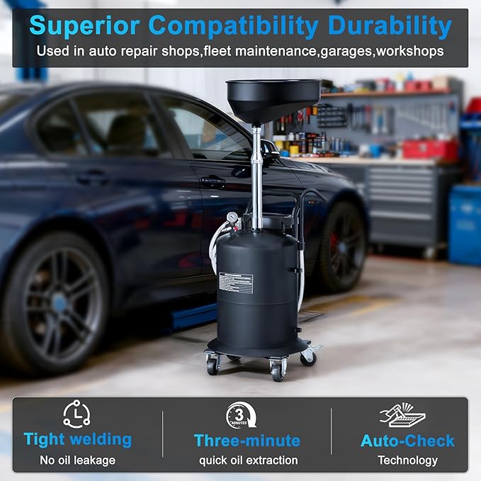 18.5 Gallon Industrial Fluid Drain Tank, Oil Drain Extractor, Portable Pneumatic Waste Oil Drain with Wheels, Adjustable Funnel Height