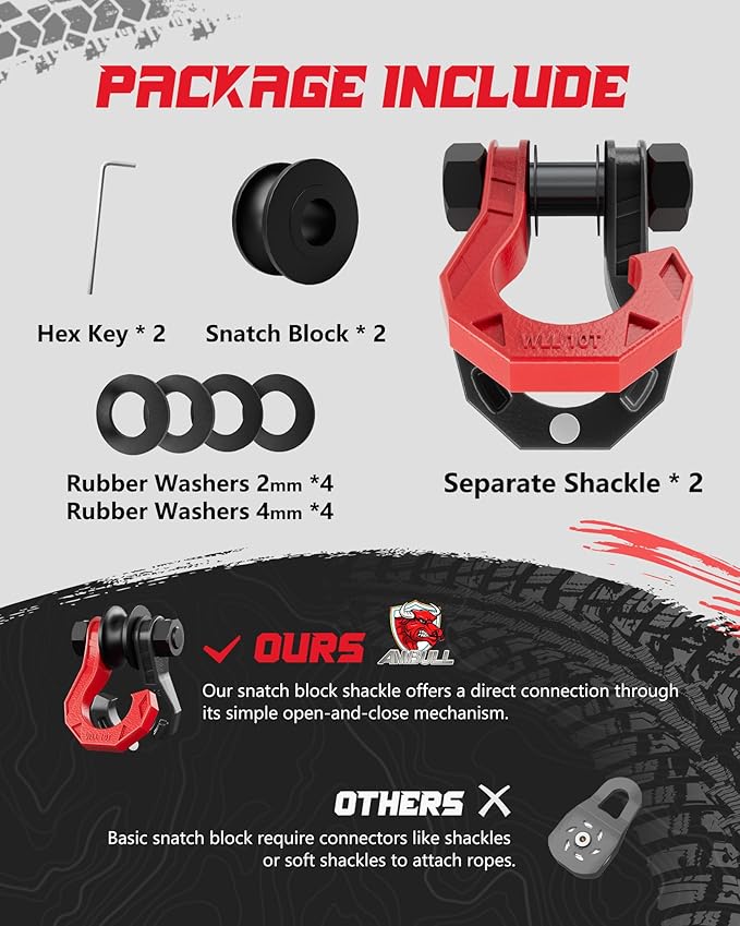 D Ring Separate Shackle with Snatch Block 2 Set, 3/4" Shackles w/Snatch Block Pulley, Heavy Duty Shackle for Towing Winch, Pulley for Off-Road Vehicle Recovery, Truck, ATV, UTV, BlackRed