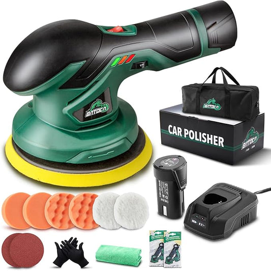 BATOCA - Cordless Car Buffer Polisher - 1pcs 2.0Ah 12V Lithium-ion Rechargeable Battery Powered Brushless Polisher with 6 Variable Speed, DA Orbital Buffer for Car Detailing, Polishing, Waxing