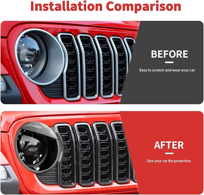 Front Grill Insert+ Headlight Bezels Cover Kit Compatible with 2024-2025+ Jeep Wrangler JL JLU & Gladiator JT, Not Fit for JL Sport & Sports(Carbon Fiber,Style A)
