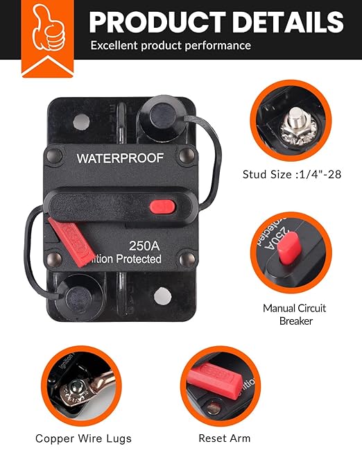 100 Amp Circuit Breaker with Manual Reset Waterproof Inline Fuse Inverter for Marine Trolling Motors Boat ATV Manual Power, Suface Mount, 12V-48V DC (100A)