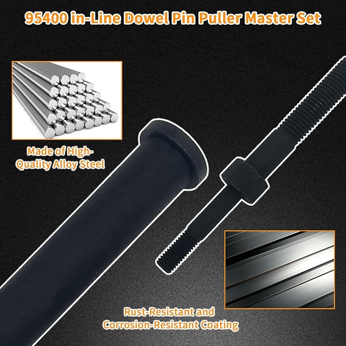 18Pcs 95400 in-Line Dowel Pin Puller Master Set Dowel Dismantling Tools Includes Both SAE and Metric Collets, SAE Set: 1/2″, 1/4″, 3/8″, 3/16″ ,5/16″; Metric Set: 4mm, 5mm, 6mm, 8mm, 10mm, 12mm