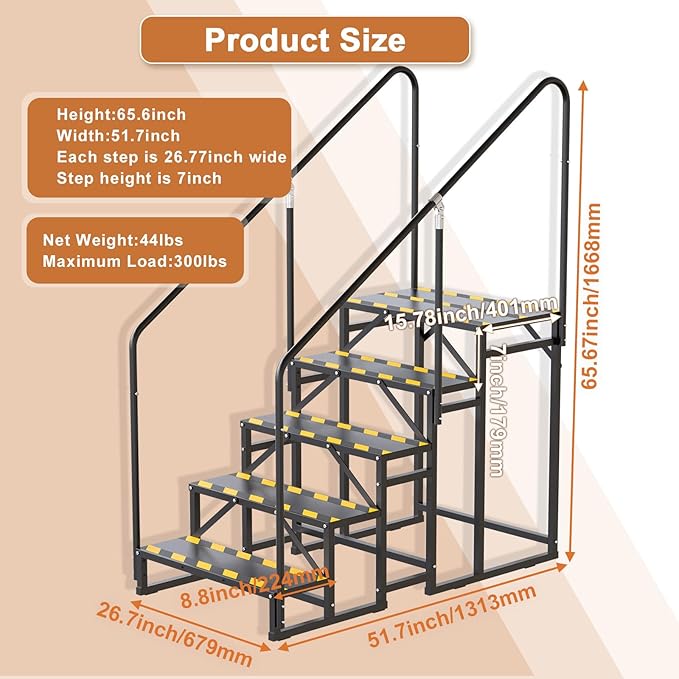 5 Step RV Stairs, Hot Tub Steps, Outdoor Spa Step Ladder with Handrail,Portable Economy 5th Wheel Stair for Travel Trailer, Motor Home, Camper and Porch with Non-Skid Tapes