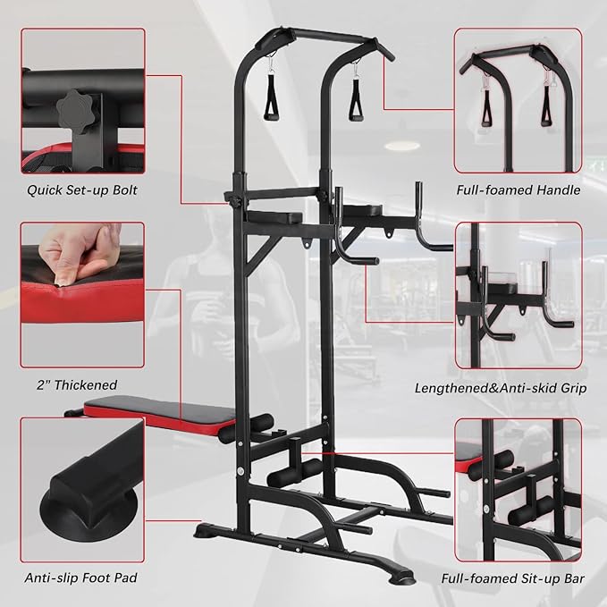 TLSUNNY Power Tower with Bench, Pull Up Bar Dip Station, Power Tower Dip Station, Training Workout Equipment, Height Adjustable Pull Up Tower w/Folding Bench 4 Ropes, Strength Training, Home Gym