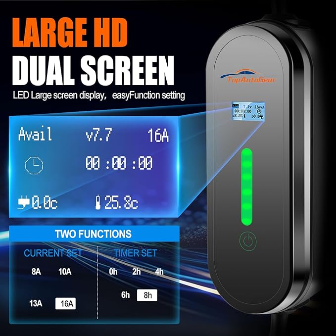 Level 1 and Level 2 EV Charger, 16 Amp 110-240V Portable SAE J1772 Electric Car Charger, Adjustable Current 8A-16A and Time Setting,17FT Level 2 EV Charger Cable NEMA 6-20 Plug (Tesla Require Adapter)