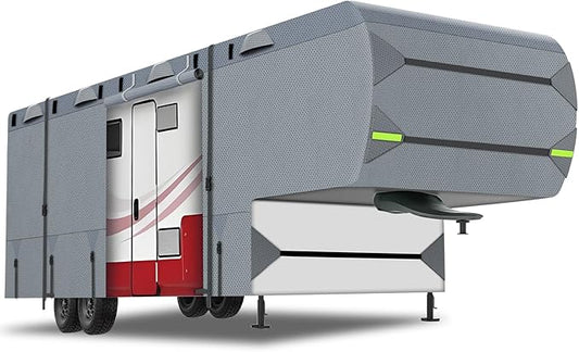26-29ft Heavy Duty RV Cover - 5 Layers Waterproof Rip-Stop Travel Trailer 5th Wheel Camper Covers, Anti-UV Fifth Wheel Cover with 2Pcs Extra Straps & 4 Tire Covers