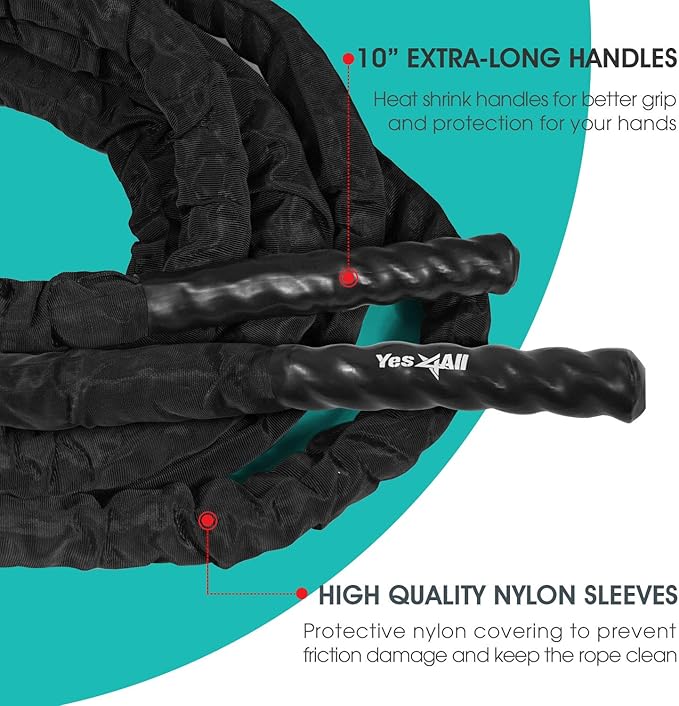 Yes4All Battle Ropes, Workout Rope with Cover, Steel Anchor & Strap Included, Heavy Ropes for Exercise Training - 1.5/2 Inch Diameter, 30, 40, 50 Ft Length