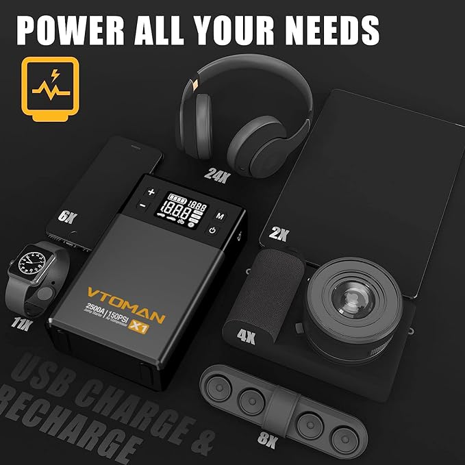 VTOMAN X1 Jump Starter with Air Compressor, Car Battery Jumper Starter (2500A, Up to 8.5L Gas/6L Diesel Engine) with 150PSI Auto Tire Inflator, 12V Portable Booster Pack, Lithium Jump Box Charger-Gray