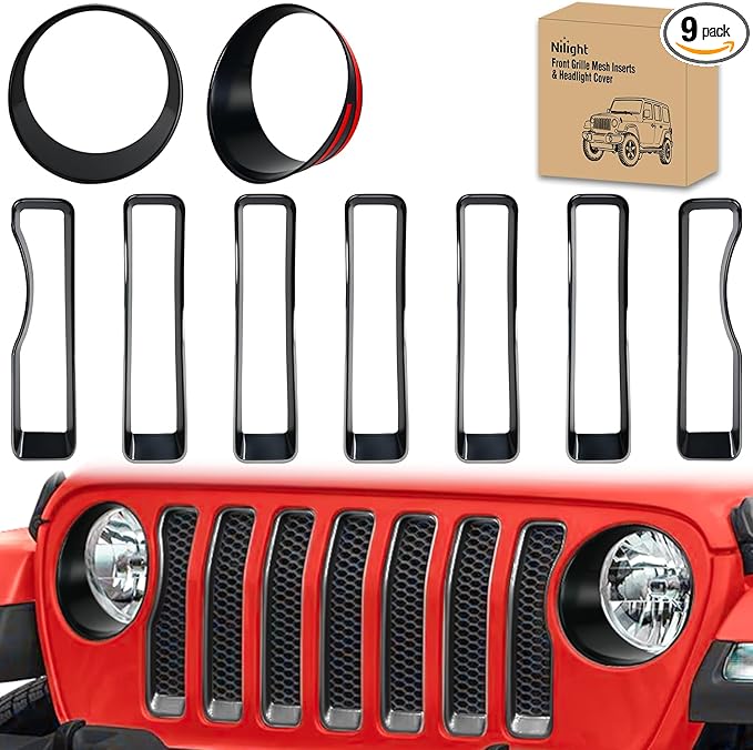 Nilight Grill Inserts fit for Jeep Wrangler Front Grille Inserts Headlight Cover Set for JL JLU Unlimited Sport SportS 2018 2019 2020 2021 2022 2023 Grille Bezels Trim Exterior Accessories Black 9 Pcs