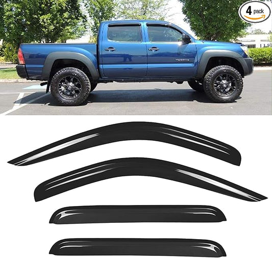 94056 Side Window Wind Deflector, 4pcs Out-Channel Tape-On Nice Rain Guards Set, Window Visor fit for 2005-2015 Toyota Tacoma Double Cab with 4 Full Size Doors