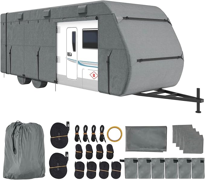 VEVOR Travel Trailer Cover, 28-31 ft RV Cover, Top 300D Oxford Fabric Camper Cover, Waterproof, Windproof and Rip-Stop Class A RV Cover, with Storage Bag, Repair Patches, Straps and Tire Covers