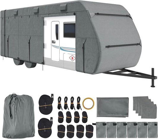 VEVOR Travel Trailer Cover, 28-31 ft RV Cover, Top 300D Oxford Fabric Camper Cover, Waterproof, Windproof and Rip-Stop Class A RV Cover, with Storage Bag, Repair Patches, Straps and Tire Covers