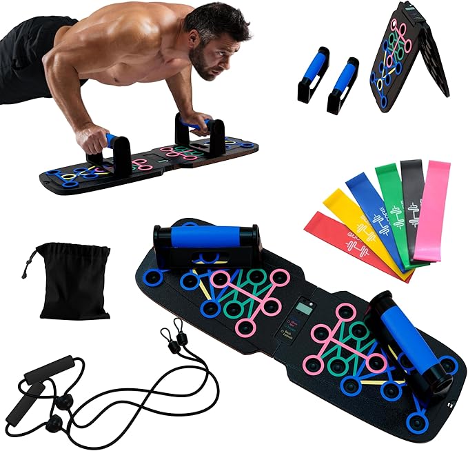 Clikshop Push Up Board – Foldable Push Up Bar System with Resistance Bands | Perfect Pushups for Men | Portable Pushup Board & Calisthenics Equipment for Strength Training at Home or Gym