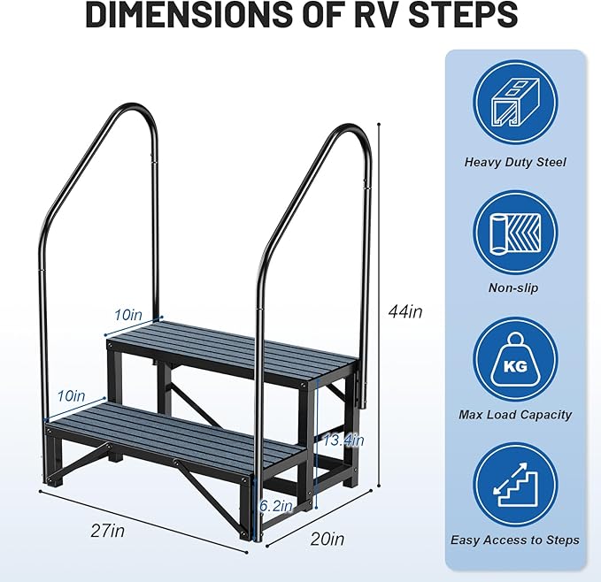 RV Steps Spa Steps with Handrail - 2 Step Hot Tub Steps Trailer Steps Mobile Home Stairs for 5th Wheel RV, Trailer, Hot Tub, Pool, Porch with Non-Slip Mats