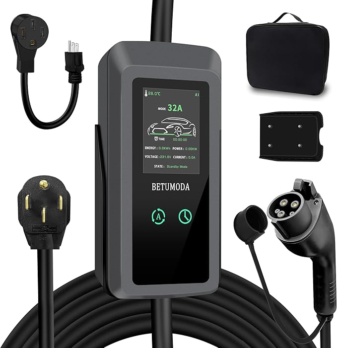Portable Level 1&2 EV Charger, 32 Amp, Portable Charger for Home and J1772, 25ft Cable, 240V, Charging Stations with LED Display, NEMA14-50 Plug, Current Adjustable.(Tesla Need Adapter)