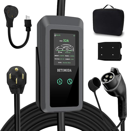 Portable Level 1&2 EV Charger, 32 Amp, Portable Charger for Home and J1772, 25ft Cable, 240V, Charging Stations with LED Display, NEMA14-50 Plug, Current Adjustable.(Tesla Need Adapter)