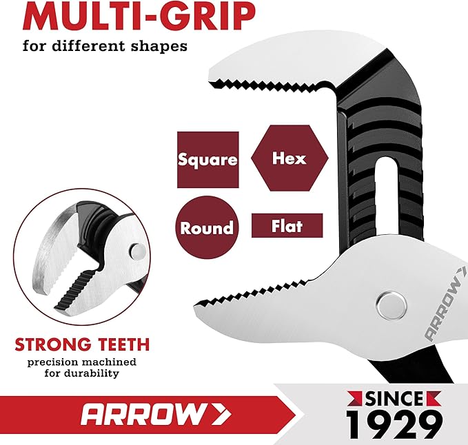 ARROW 12-Inch Groove Joint Pliers, Adjustable Water Pump Pliers with TPR Handle, High Carbon Steel Tongue and Groove Plier for Plumbing, Automotive and Household Repairs