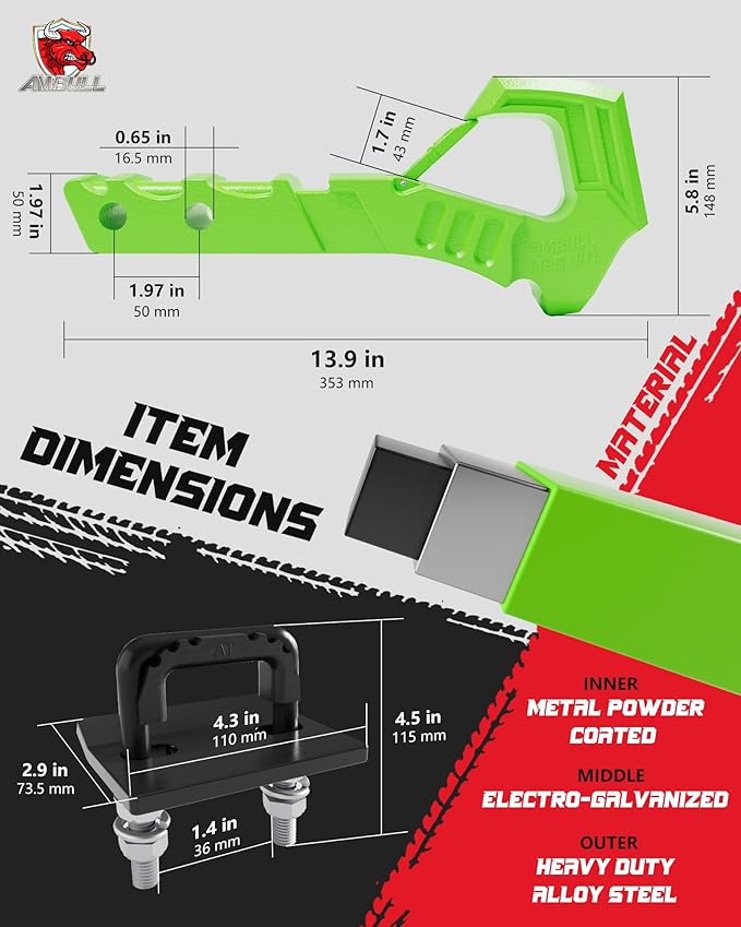 Tow Hitch Receiver With Tightener, 2 Inch Truck Hitch, Drop Forged Steel Trailer Hook 88000 Lbs Break Strength, Scorpion Tail Tow Hook for Trucks, Green