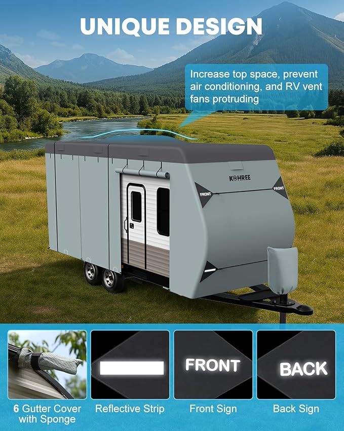 Kohree Travel Trailer Cover 24-27 ft with 8 Enlarged Vents, Sturdy & Waterproof & Anti-UV RV Camper Cover Kit with Front & Back Sign for All Weather Protection
