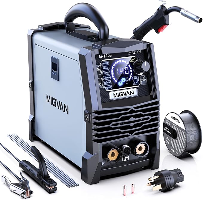 140A Gasless MIG Welder, 110V/220V Dual Votage Welding Machine, Flux Cored MIG/Lift TIG/Stick ARC 3 in 1 MIGVAN Welders Synergic Control with One-Click Wire Feeding, IGBT DC Inverter with LED Display