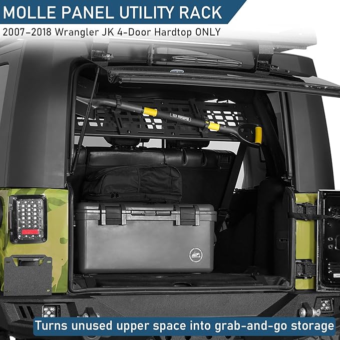 Hooke Road Roll Bar Storage MOLLE Panel Trunk Cargo Rack Shelf for 2007-2018 Jeep Wrangler JK Unlimited 4-Door Hardtop