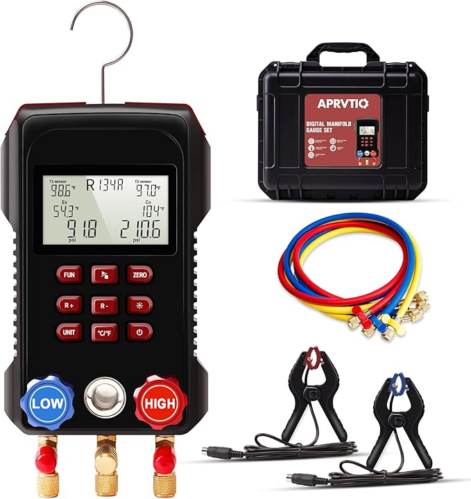 Digital HVAC Gauge, Aprvtio AMF-300 AC Manifold Gauge Set with 3000PSI Hoses and 2 Wired Temperature Clamp Probes, Refrigerant Gauges for Automotive HVAC System HVAC Tools Kit R134a R22 R12