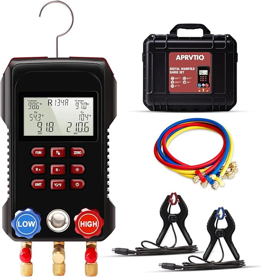 Digital HVAC Gauge, Aprvtio AMF-300 AC Manifold Gauge Set with 3000PSI Hoses and 2 Wired Temperature Clamp Probes, Refrigerant Gauges for Automotive HVAC System HVAC Tools Kit R134a R22 R12