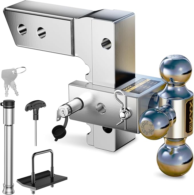KYX Trailer Hitches Ball Mount for 2.5" Receiver, Aluminum Tri-Ball (1-7/8" 2" 2-5/16"), Adjustable 6" Drop Hitch, 18500 lbs GTW, Rustproof & Quiet Towing for Trucks, RVs and Trailers