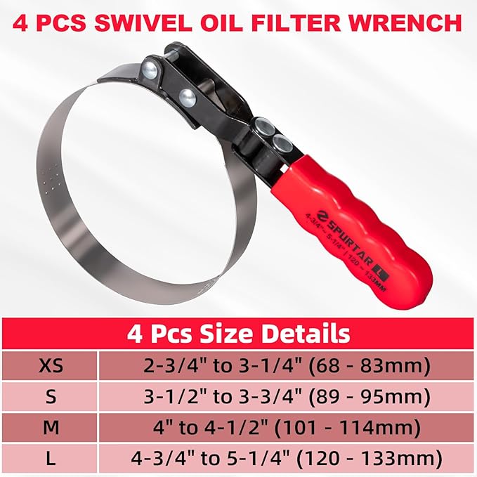 Spurtar Swivel Oil Filter Wrench Set of 5 Adjustable Wrench 2-3/4" to 5-1/4" (70-133mm) 12" Universal Oil Filter Removal Tool for 4S Shop Auto Repair Mechanic DIY Generator Small Engine