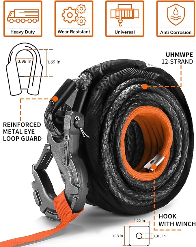 ALL-TOP Synthetic Winch Rope w/Hook & Isolator, 9/16in x 76ft, 35000Lbs UHMWPE Cable Replace Kit, Forged Hook & Rubber Stopper & Safety Pull Strap