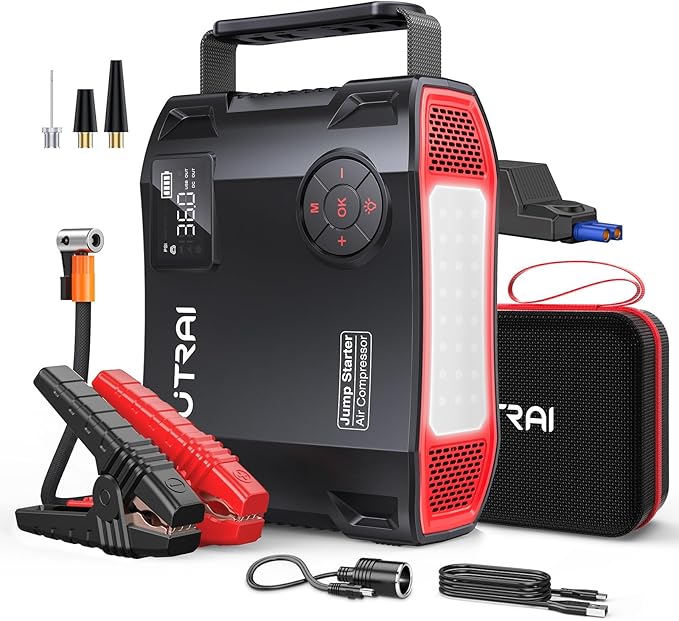 UTRAI Jump Starter with Air Compressor, 6000A 27000mAh Car Starter Jump Box with 150PSI Tire Inflator, Portable Jump Pack (All Gas/10L Diesel), DC160W, QC3.0 Jumper Cables, 1600LM Light