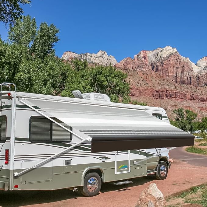 Suncode Manual RV Awning White Modular Retractable Awning Complete Kit for RV,5th Wheel,Travel Trailers,Toy Haulers,Motorhome RV Trailer Awning for Home or Camper-17x8Ft-Black Strip
