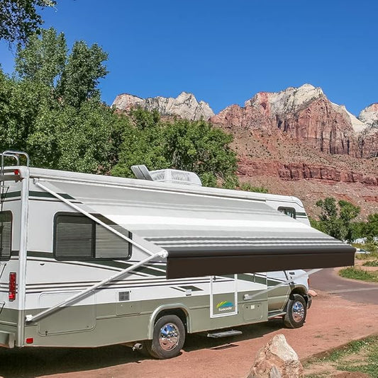 Suncode Manual RV Awning White Modular Retractable Awning Complete Kit for RV,5th Wheel,Travel Trailers,Toy Haulers,Motorhome RV Trailer Awning for Home or Camper-15x8Ft-Black Strip