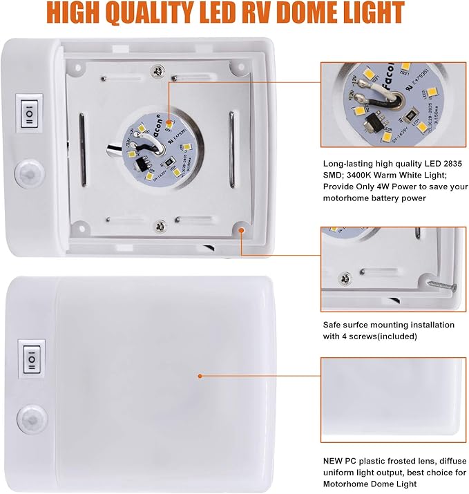 Facon Square RV Motion Sensor Light - 4W 280LM Warm White (3400K) 12V RV Interior Lighting, LED Ceiling Dome Lights for RV Camper Motorhome Boat