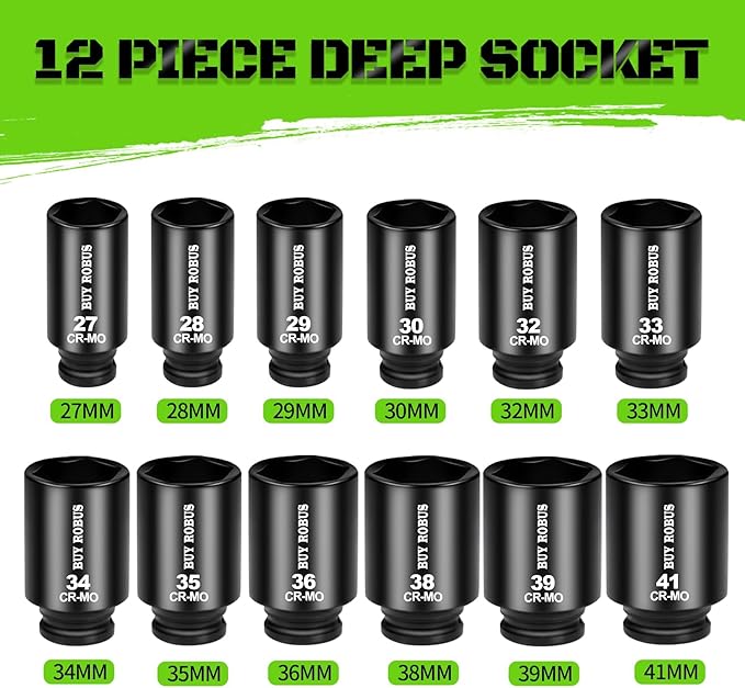 1/2 Inch Drive Deep Impact Socket Set,12 PCS Extended Socket Set, 6-Point Metric Size 27mm, 28mm, 29mm, 30mm, 32mm, 33mm, 34mm, 35mm, 36mm, 38mm, 39mm, 41mm Socket, Cr-Mo Steel,Heavy Duty Socket Set