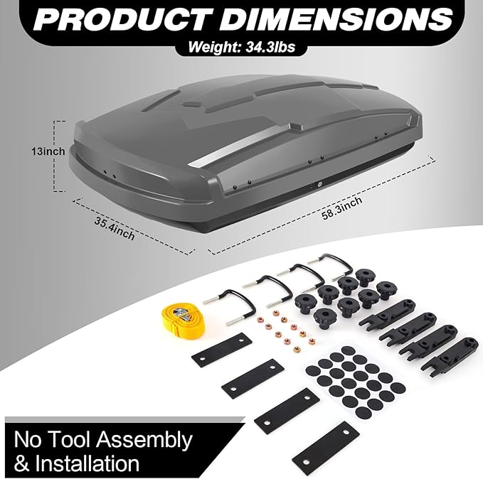 Hard Shell Roof Cargo Box Carrier with Security Keys,Heavy Duty Waterproof Rooftop Storage Box,58.3 L x35.4 W x 13 H Inches,15.5 Cubic Feet Tool-Free Install,Dual Side Opening,Gray