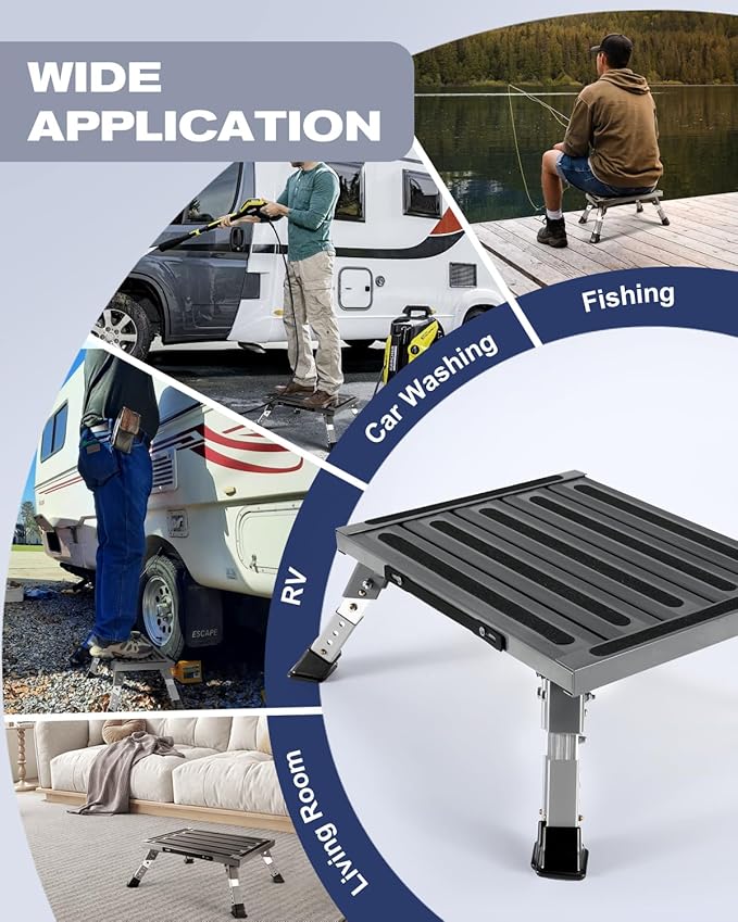 XINQIAO Foldable RV Step Stool with Rubber Feet, 4 Adjustable Heights Portable Heavy Duty Aluminum Folding Step for RV Entry, Trailer, Camper, Fishing and Outdoors