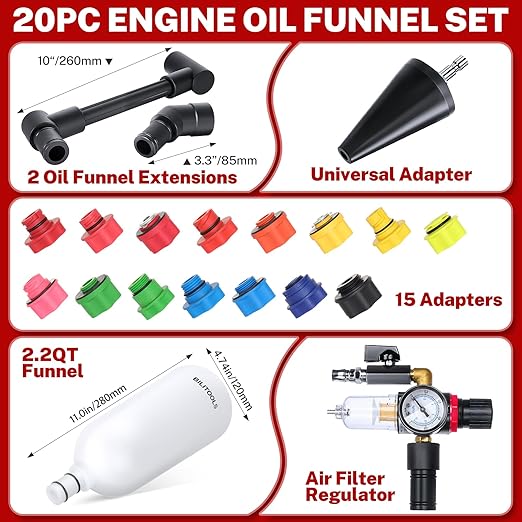 BILITOOLS 20-Piece Oil Funnel Kit for Engine Oil Change, 2.2 QT Automotive Funnel Set with 15 Adapters & Air Filter Regulator, One-Hand Operation, Compatible with GM, VW, Ford, BMW, Audi and More