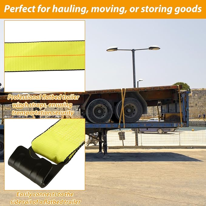 4 Pack 4" x 30' Winch Straps with Flat Hook, 16,200lbs Break Strength, 5400 lbs Working Load Limit Heavy Duty Tie Down Flatbed Straps Cargo Control for Flatbed Truck, Trailer, Yellow