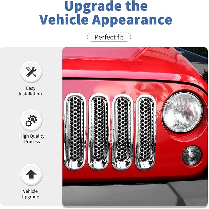 Mesh Grill Insert Grille Inserts Cover Fit for 2007-2018 Jeep Wrangler JK JKU(Chrome)