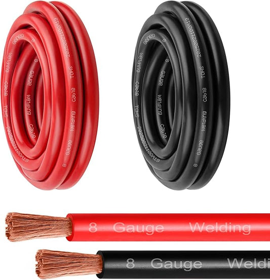 8 Gauge Battery Cable - 5FT Red + 5FT Black 8 AWG Welding Cable Flexible Stranded Oxygen-Free Pure Copper Wire for Automotive, Battery, Inverter, Solar, Marine and Generator