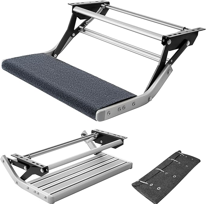 RV Step with Rug, Foldable RV Camper Stair with Ultra Wide Aluminum Step Pedals and Step Rug, Easy to Install and Use, Manual