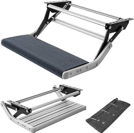 RV Step with Rug, Foldable RV Camper Stair with Ultra Wide Aluminum Step Pedals and Step Rug, Easy to Install and Use, Manual