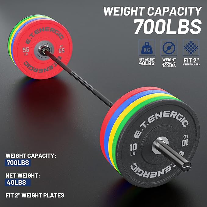 7ft Olympic Barbell 40LB Bar Load 700lbs Capacity Available Men's Barbell with Hard Chrome Sleeves for 2" Olympic Plates, 2 Inch Barbell Bar for Squats, Deadlifts, Presses, Rows and Curls