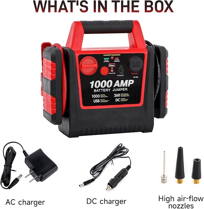 Car Battery Jump Starter with Air Compressor 1000Amp Portable Jump Starter(Satisfy 5L Gas/Diesel),12V Car Battery Charger with 260PSI Tire Inflator, Jumper Cable with USB/DC Port