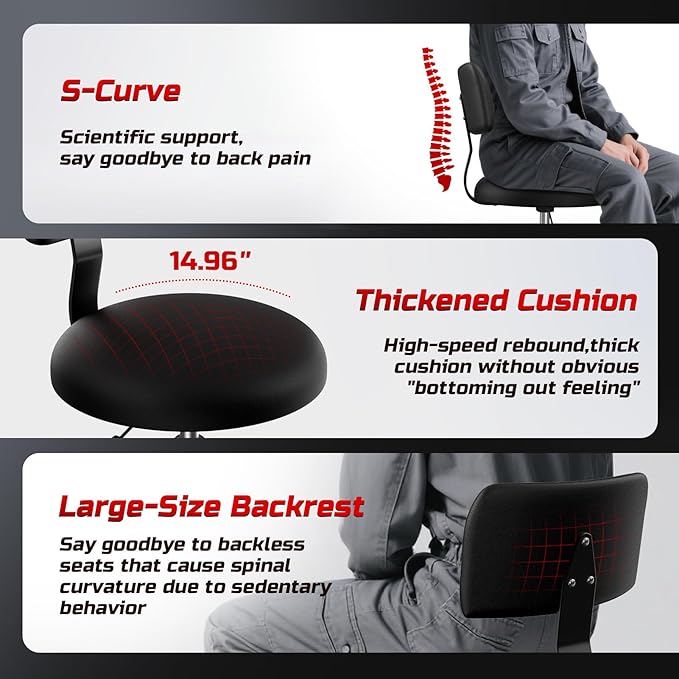 Rolling Shop Stool with Wheels,Mechanic Garage Stool Chair with Adjustable Height 15.55"-18.3",Heavy Duty Swivel Roller Seat for Garage,Salon and Tattoo Beauty, Black