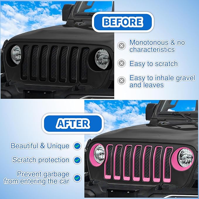 Nilight Grill Inserts fit for Jeep Wrangler Front Grille Inserts Headlight Cover Set for JL JLU Unlimited Sport SportS 2018 2019 2020 2021 2022 2023 Grille Bezels Trim Exterior Accessories Pink 9 Pcs