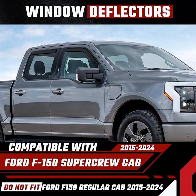 Rain Guards for Ford F150 Supercrew Cab 2015-2025, Extra Durable in-Channel Side Window Deflectors, 2020 2021 2022 2023 2024 2025 F150 Wind Deflectors Rain Guard Black - 4 PCS